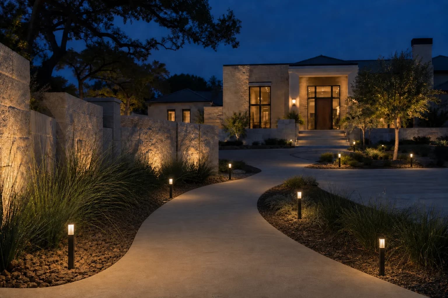 Compact pillar lights guiding the entry walk to a fictional luxury home